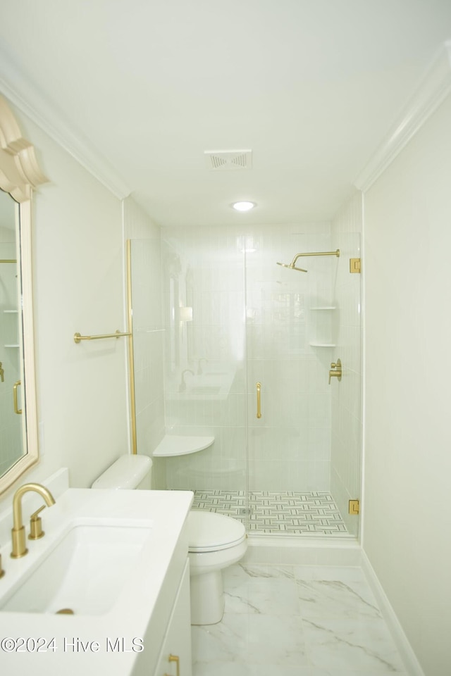 1204 Windemere Pl NW, Wilson, NC 27896 - full bath featuring toilet, vanity, a shower stall, ornamental molding, and marble look tiles
