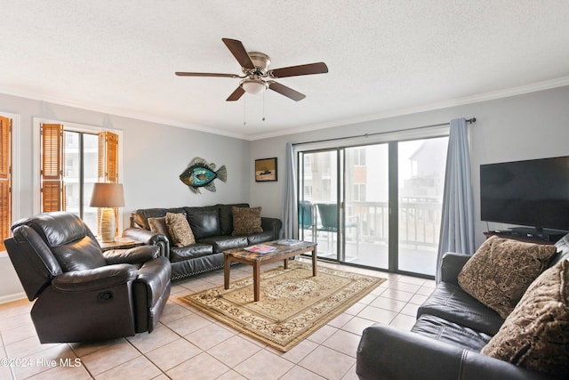 tiled living room with crown molding, ceiling fan, and a textured ceiling