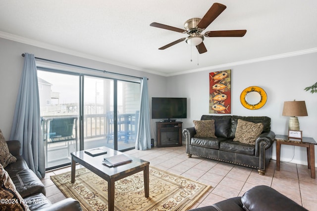 living room with light tile patterned floors, ceiling fan, and crown molding