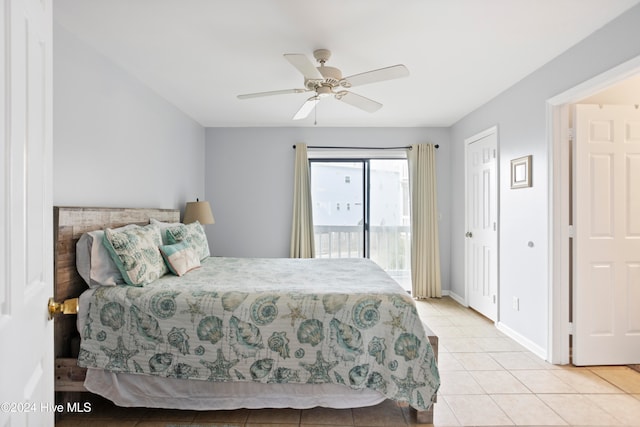 bedroom with ceiling fan, access to exterior, and light tile patterned floors