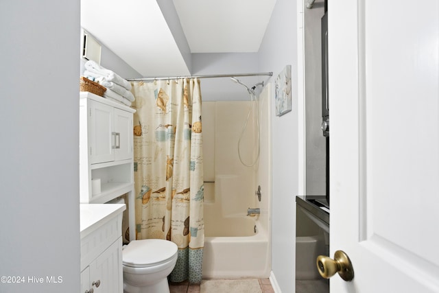 full bathroom with toilet, shower / bath combo, vanity, and tile patterned floors