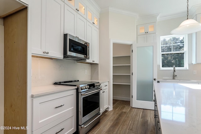 kitchen with white cabinets, decorative light fixtures, dark wood-type flooring, and appliances with stainless steel finishes