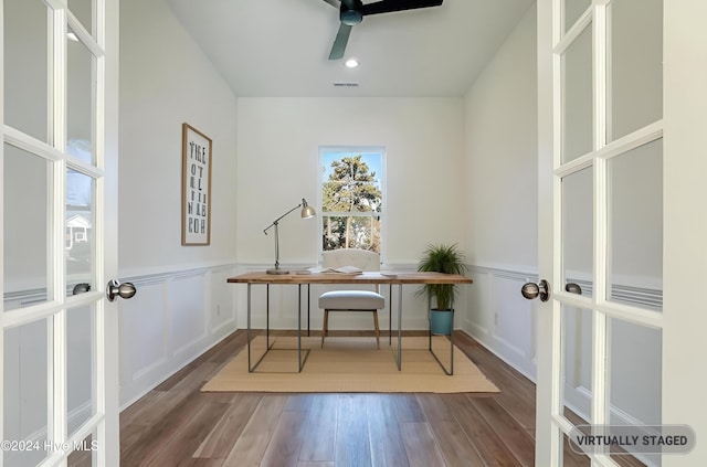 office space with hardwood / wood-style flooring, ceiling fan, and french doors