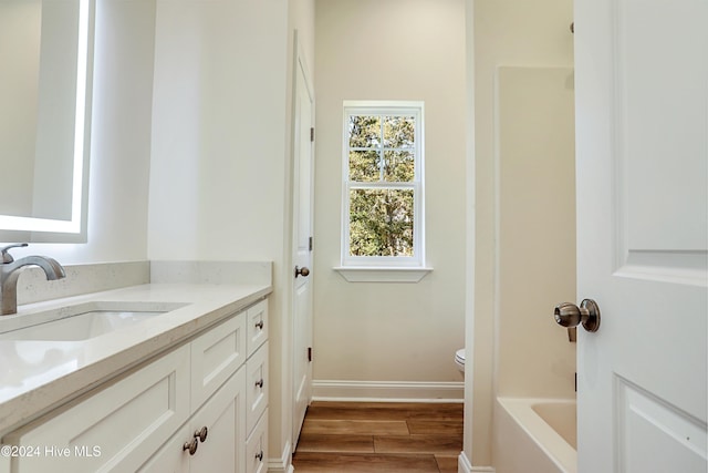 bathroom featuring hardwood / wood-style flooring, vanity, and toilet