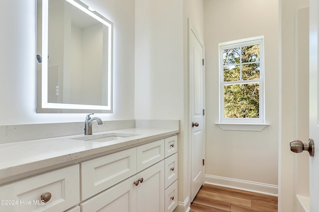 bathroom with wood-type flooring and vanity