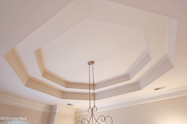 details featuring a raised ceiling and ornamental molding