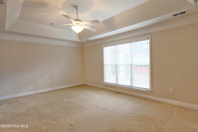 unfurnished room featuring a raised ceiling, crown molding, and carpet floors