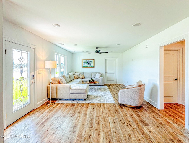 living room with ceiling fan and light hardwood / wood-style flooring