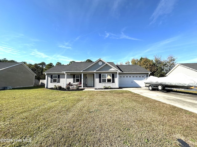 ranch-style house with a front yard, a porch, and a garage