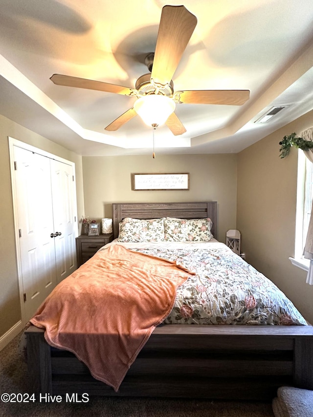 bedroom with a raised ceiling, ceiling fan, and a closet