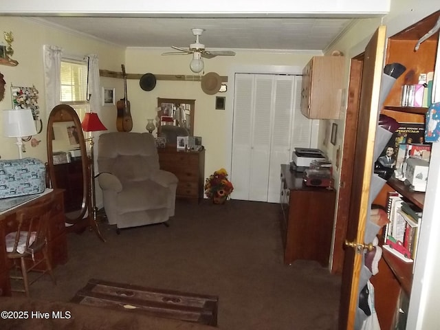 4271 Caratoke Hwy, Barco, NC 27917 - living area with crown molding, a ceiling fan, and carpet flooring