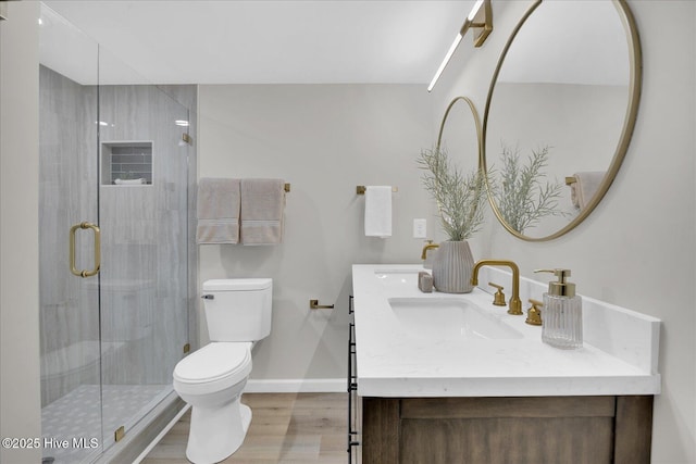 bathroom with vanity, hardwood / wood-style flooring, toilet, and walk in shower