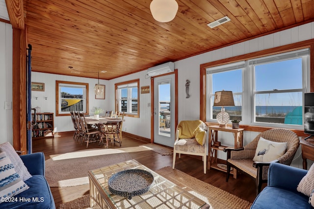 living room featuring dark wood-type flooring, a wall mounted AC, a healthy amount of sunlight, and wood ceiling