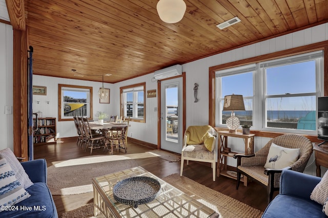 427 N Anderson Blvd, Topsail Beach, NC 28445 - living room with a wall unit AC, plenty of natural light, crown molding, wood ceiling, and wood finished floors