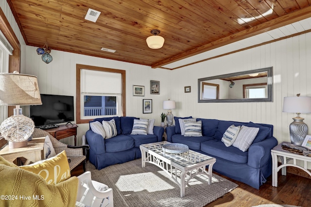 427 N Anderson Blvd, Topsail Beach, NC 28445 - living room with wooden ceiling, wood finished floors, and ornamental molding