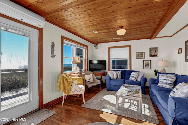 living room featuring a wall mounted air conditioner, plenty of natural light, dark hardwood / wood-style flooring, and wood ceiling