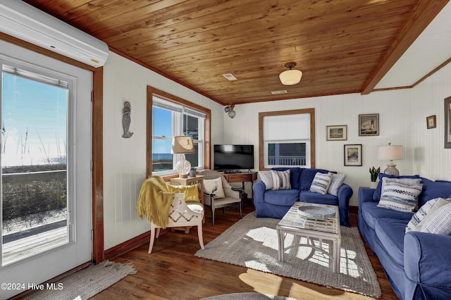 427 N Anderson Blvd, Topsail Beach, NC 28445 - living room featuring wood finished floors, healthy amount of natural light, baseboards, ornamental molding, and wood ceiling