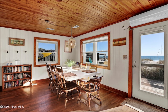 dining room featuring a wealth of natural light, a water view, wooden ceiling, and dark hardwood / wood-style floors