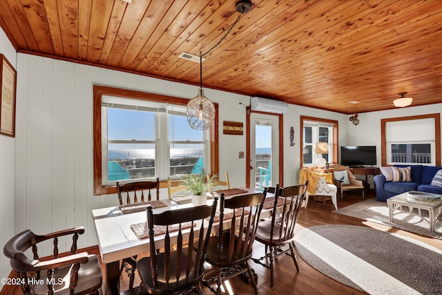 dining area featuring wood walls, a wall mounted air conditioner, wood ceiling, and dark hardwood / wood-style floors