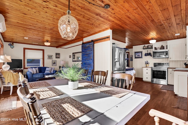 dining area featuring a barn door, dark hardwood / wood-style flooring, and wooden ceiling