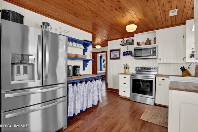 kitchen with sink, dark hardwood / wood-style floors, appliances with stainless steel finishes, butcher block countertops, and white cabinetry