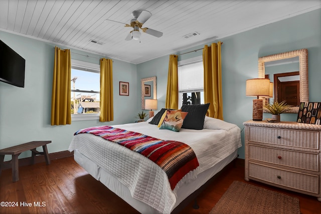 bedroom featuring dark hardwood / wood-style floors, ceiling fan, wooden ceiling, and crown molding