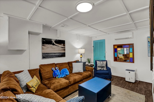 living room featuring a wall mounted air conditioner and dark hardwood / wood-style flooring