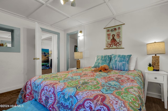 bedroom featuring ceiling fan and dark wood-type flooring