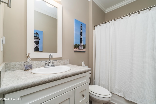 full bathroom featuring toilet, vanity, shower / tub combo, and ornamental molding