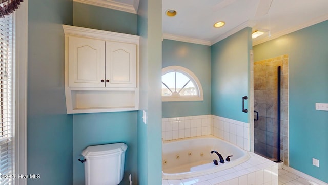 bathroom with tile patterned floors, crown molding, and plus walk in shower