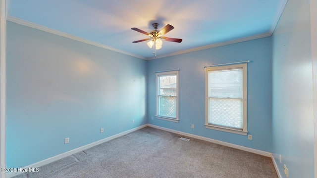 spare room featuring carpet, ceiling fan, and ornamental molding