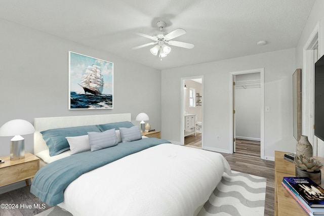 bedroom featuring ceiling fan, ensuite bathroom, wood-type flooring, a walk in closet, and a closet