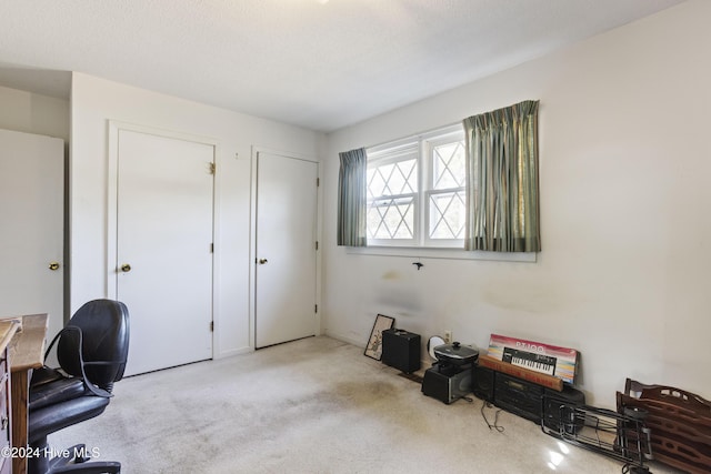 carpeted office space featuring a textured ceiling