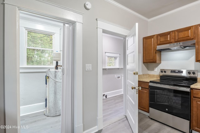 kitchen with crown molding, light hardwood / wood-style flooring, light stone countertops, and stainless steel electric range