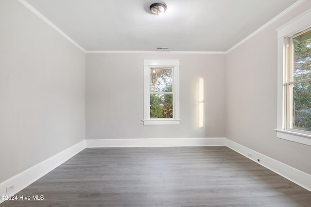 spare room featuring dark hardwood / wood-style floors and crown molding