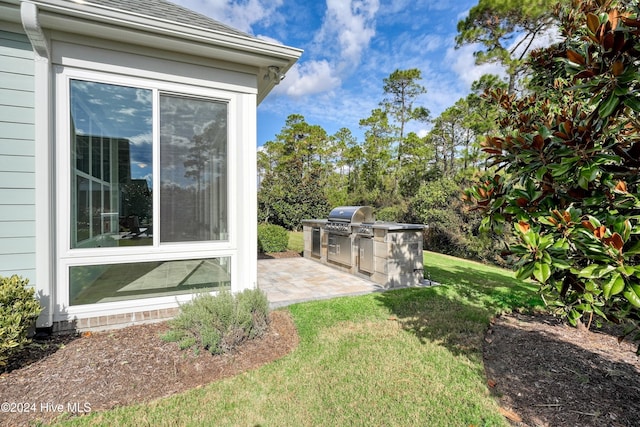 view of yard with exterior kitchen and a patio