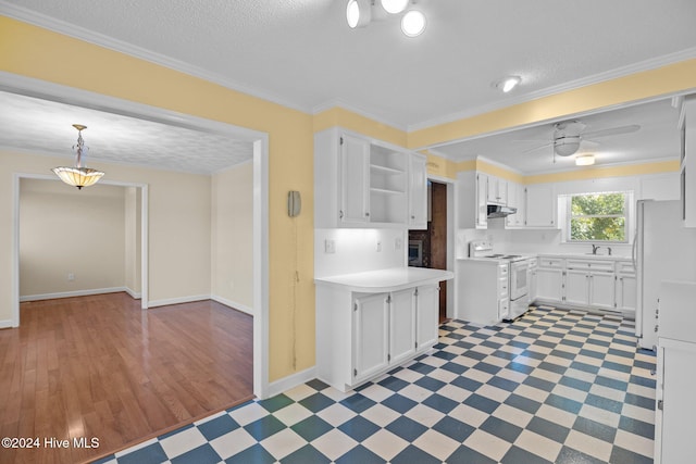 kitchen featuring white cabinets, white appliances, light hardwood / wood-style flooring, and crown molding