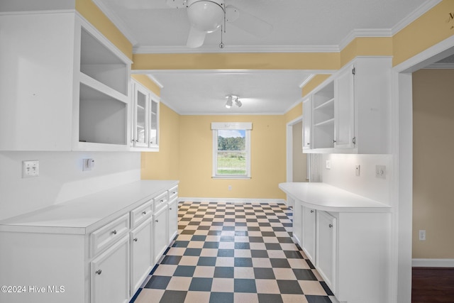 kitchen featuring white cabinetry, ceiling fan, and crown molding