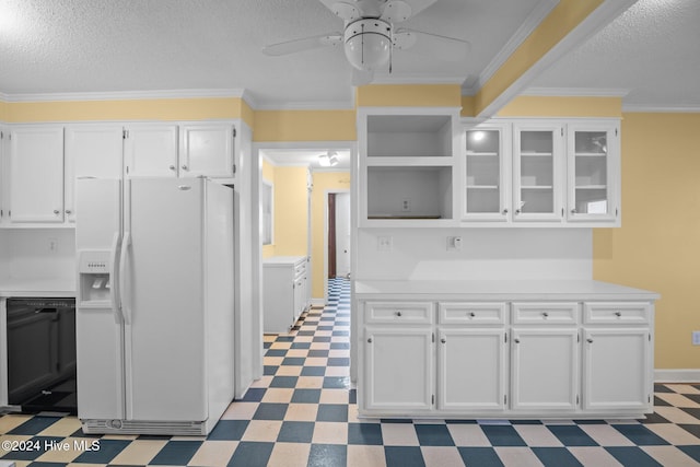 kitchen featuring white cabinets, white fridge with ice dispenser, and ornamental molding