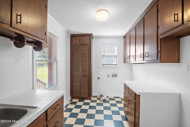 kitchen with a textured ceiling, plenty of natural light, and crown molding