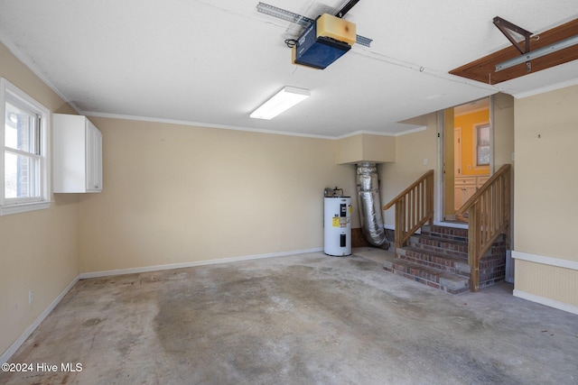 garage with water heater and a garage door opener