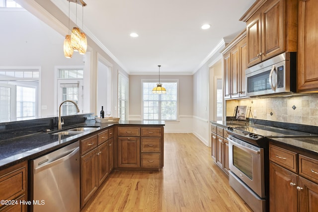 kitchen with appliances with stainless steel finishes, light hardwood / wood-style flooring, a wealth of natural light, and sink