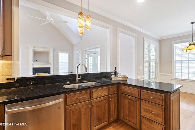 kitchen featuring stainless steel dishwasher, dark stone countertops, light wood-type flooring, and sink