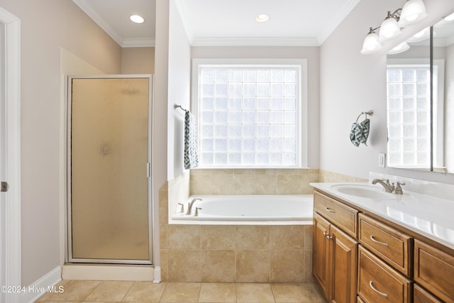 bathroom with shower with separate bathtub, tile patterned floors, and crown molding