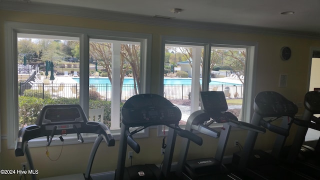 exercise room with ornamental molding and a wealth of natural light