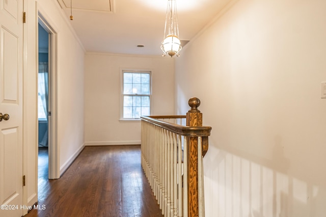 102 James Creek Rd, Southern Pines, NC 28387 - hallway with dark wood-type flooring, attic access, ornamental molding, an upstairs landing, and baseboards
