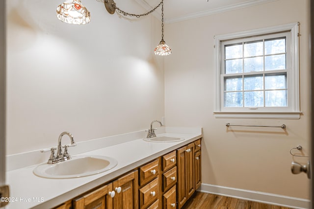 102 James Creek Rd, Southern Pines, NC 28387 - bathroom with wood finished floors, crown molding, double vanity, and baseboards