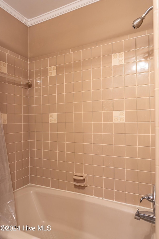 102 James Creek Rd, Southern Pines, NC 28387 - bathroom featuring ornamental molding and shower / tub combo with curtain