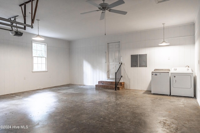 102 James Creek Rd, Southern Pines, NC 28387 - garage featuring independent washer and dryer, electric panel, a ceiling fan, and a garage door opener