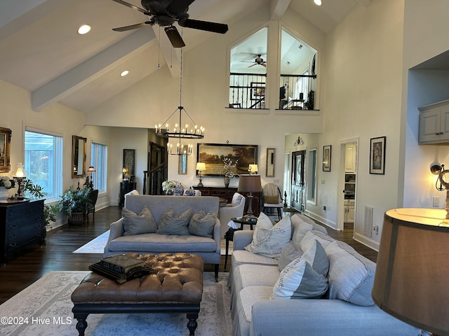 living room featuring high vaulted ceiling, dark hardwood / wood-style floors, ceiling fan with notable chandelier, and beam ceiling